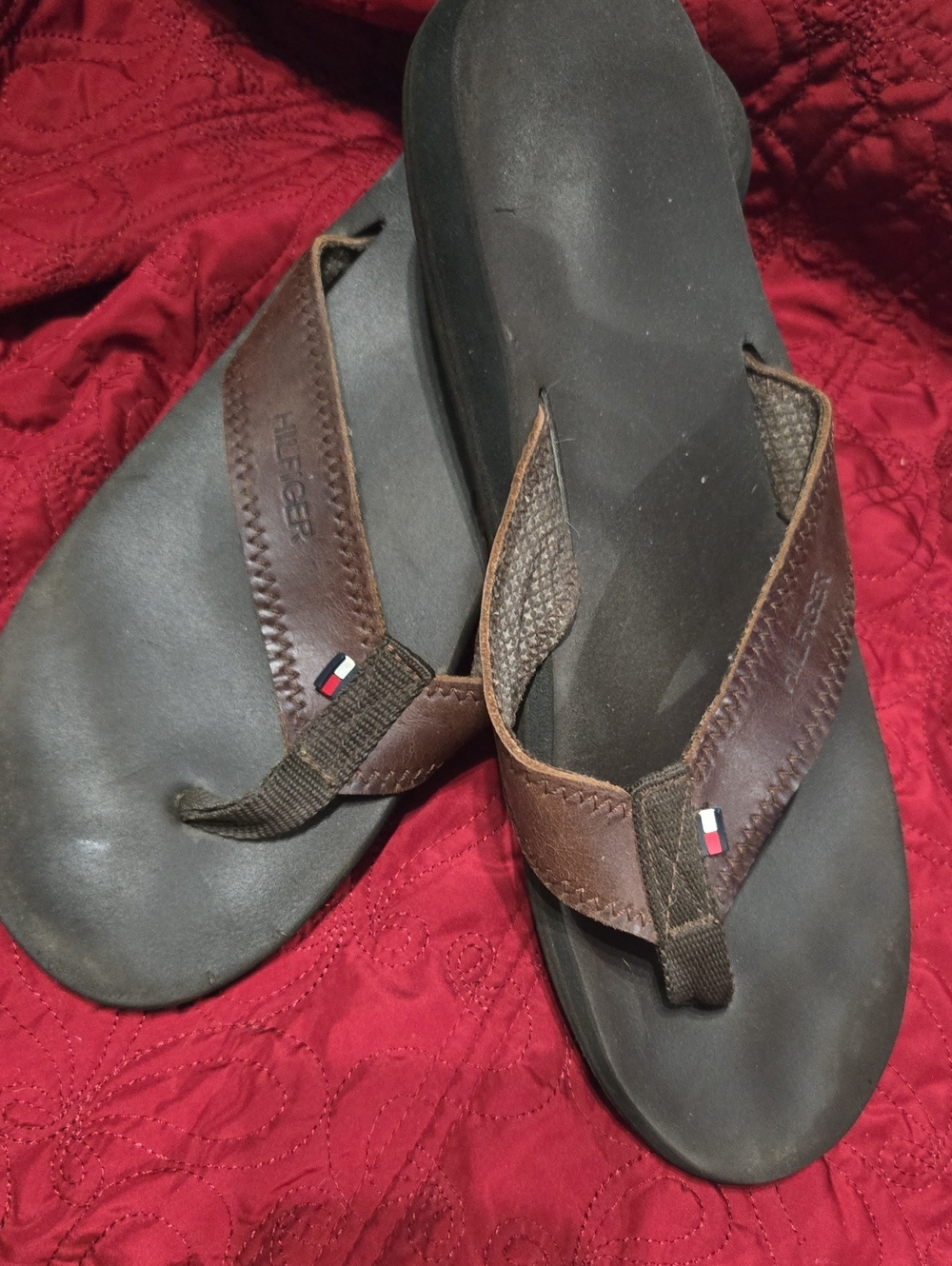 Tommy Hilfiger Brown Leather & Black Footbed Men’s Flip Flops
